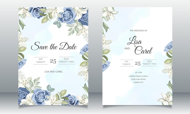 Vector wedding card invitation with dusty blue roses template