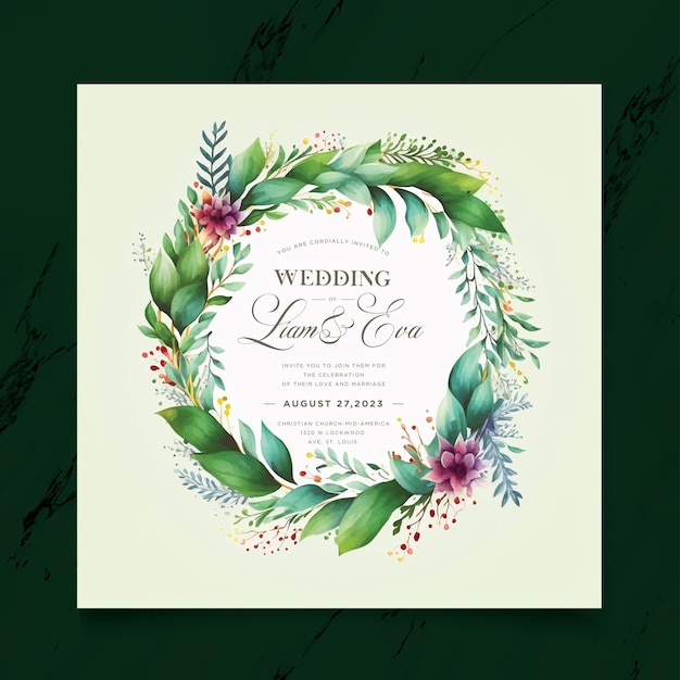 Wedding card invitation with flowers and leaves wreath