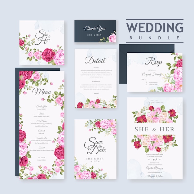 Vector wedding card set template with beautiful floral and leaves background