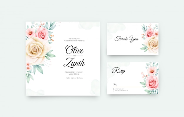 Wedding card set template with colorful floral watercolor