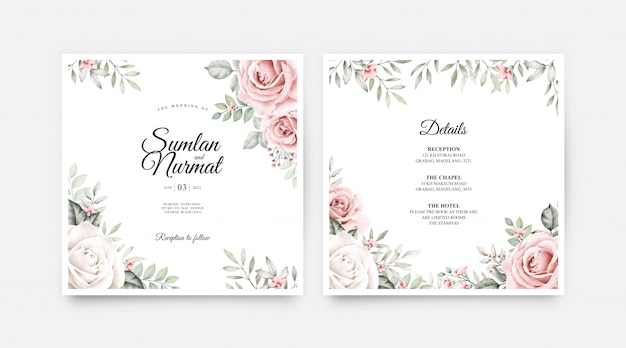 Wedding card set template with flowers and leaves watercolor