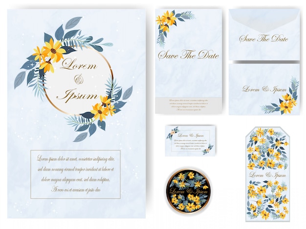 Wedding card and tag on blue marble background