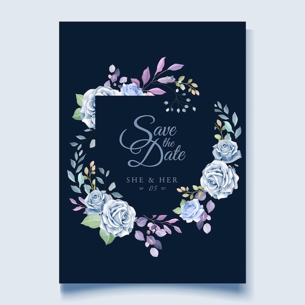 Wedding card template with beautiful blue floral wreath