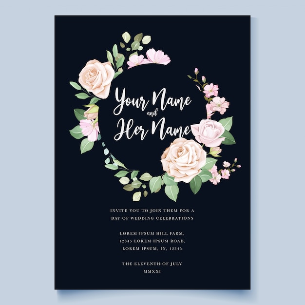 Wedding card template with beautiful blue floral wreath