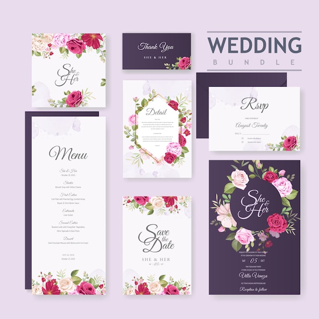 Wedding card template with beautiful flower and leaves frame