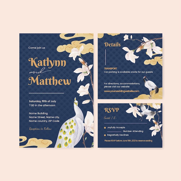 Vector wedding card template with bird and chinese flower concept,watercolor style