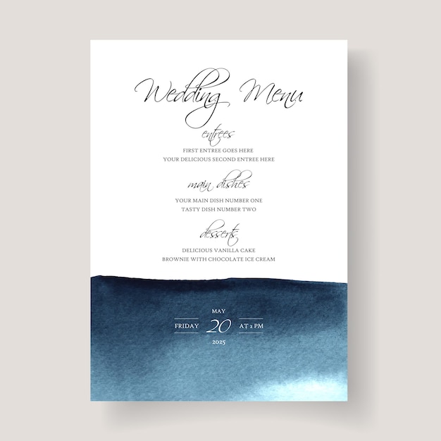 Vector wedding card template with deep blue watercolor washes wedding menu template