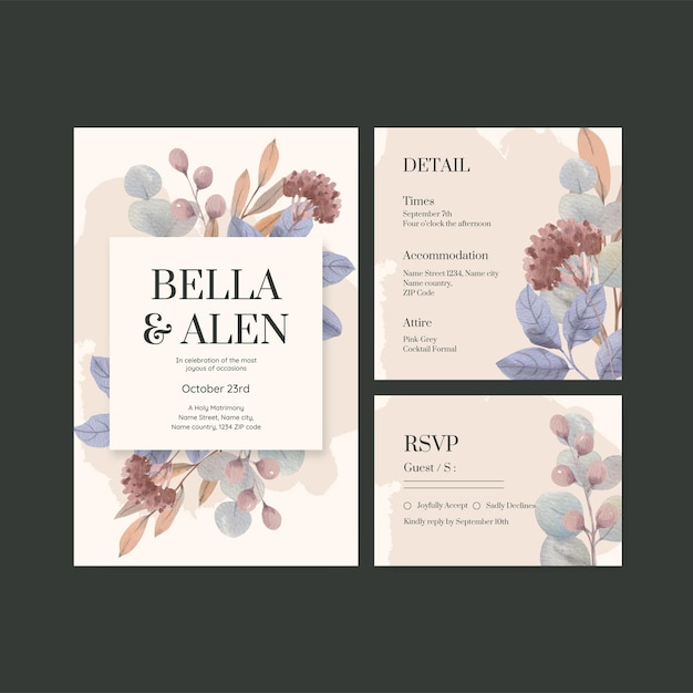 Wedding card template with floral feather boho conceptwatercolor stylexA