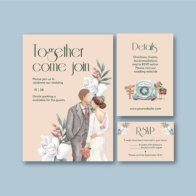 Wedding card template with gorgeous green wedding conceptwatercolor style
