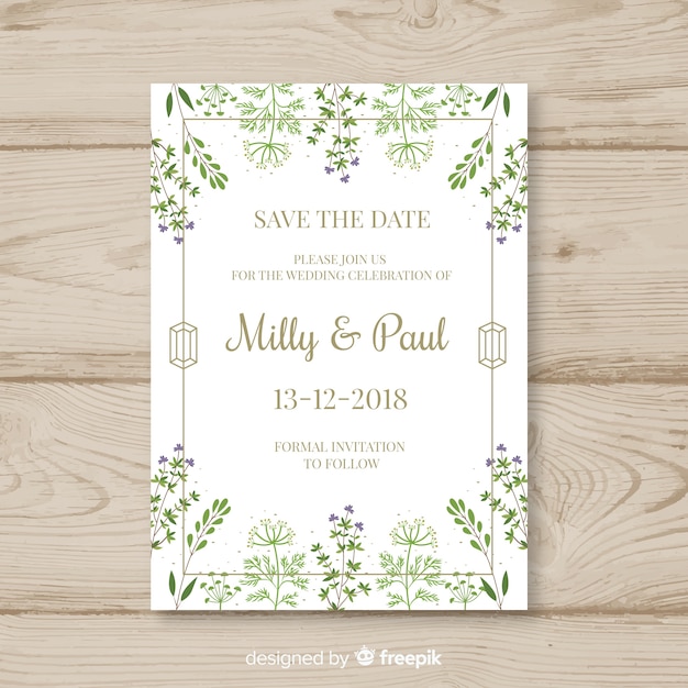 Wedding card template with hand drawn leaves