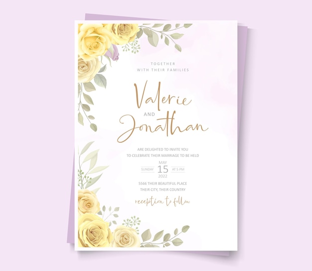 Wedding card template with hand drawn yellow floral ornaments theme