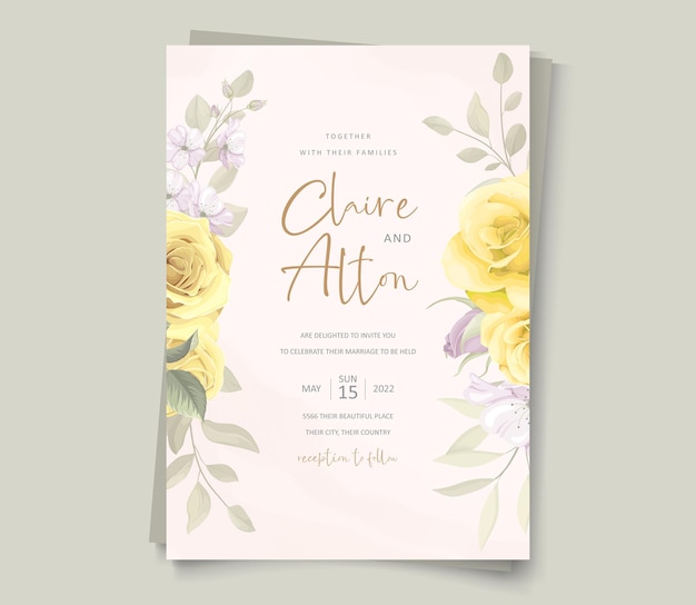 Wedding card template with hand drawn yellow floral ornaments theme