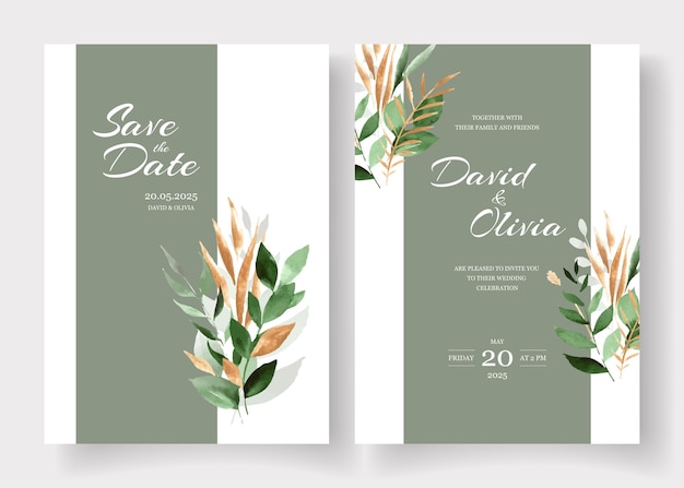 Шаблоны свадебных открыток с букетом золотых зеленых акварельных листьев