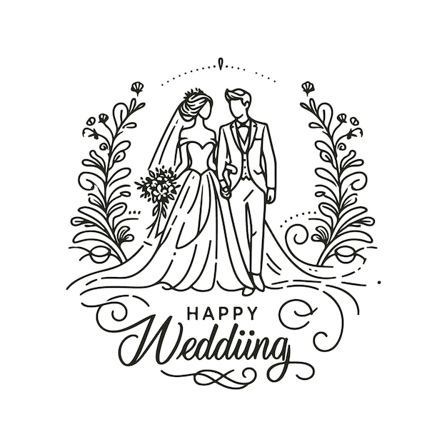 Vector a wedding card with a bride and groom in a floral frame