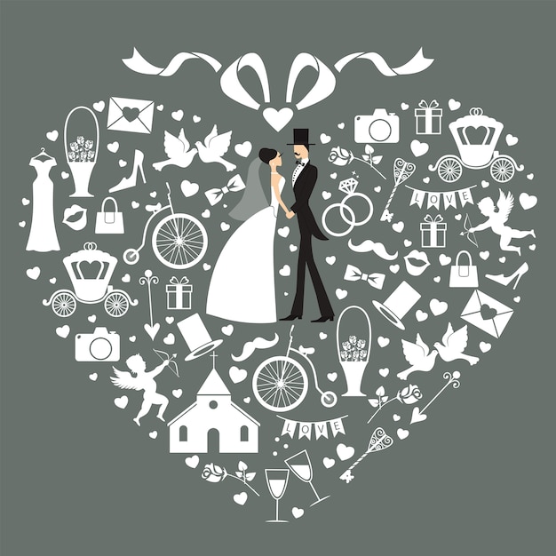 Vector wedding card with bride and groom