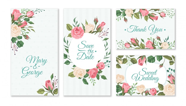 Wedding card with roses. Weddings floral invitation cards with red and pink roses and green leaves.  party flyers template