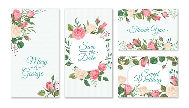 Vector wedding card with roses. weddings floral invitation cards with red and pink roses and green leaves.  party flyers template