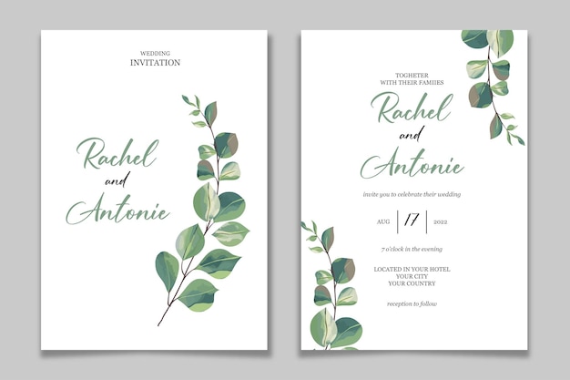 Wedding card with watercolor leaves