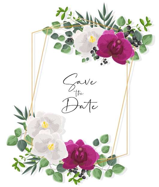 白と紫の蘭の花のウェディングカード。緑の葉の装飾
