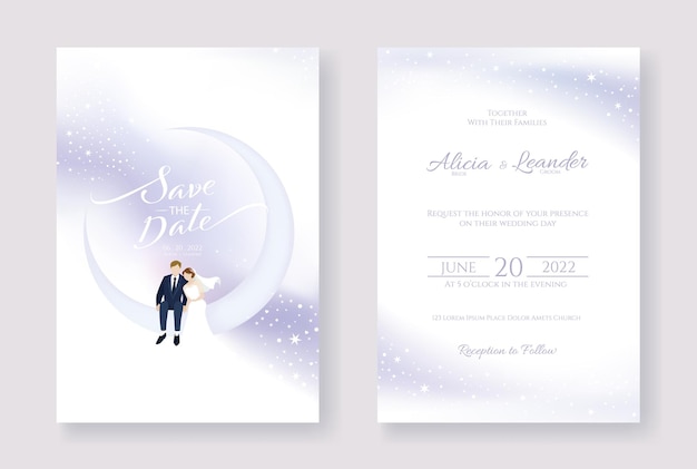 Vector wedding cards invitation save the date template bride and groom are sitting on the moon image