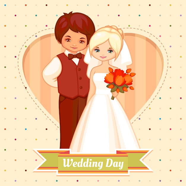 Wedding cartoon card with groom and bride