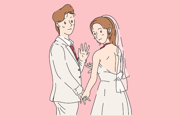 Matrimonio fumetto grafico coppia sposata disegnata a mano grafica vettoriale illustrazione su tono morbido colore