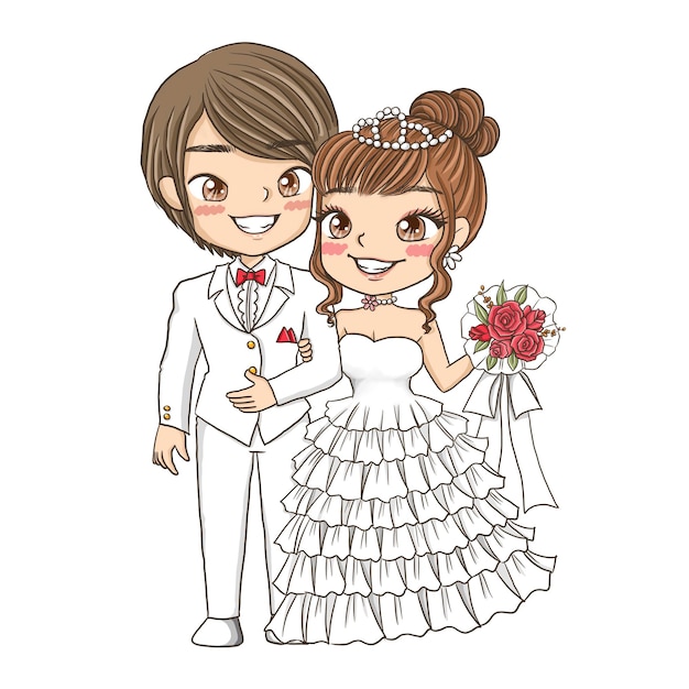 Vector wedding cartoon love man and woman cute action character drawing manga