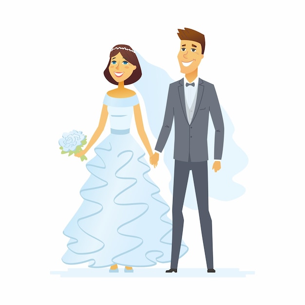 Wedding - cartoon people characters isolated illustration on white background. Happy newly married couple holding hands. A pretty woman in a beautiful white dress, handsome man wearing a suit