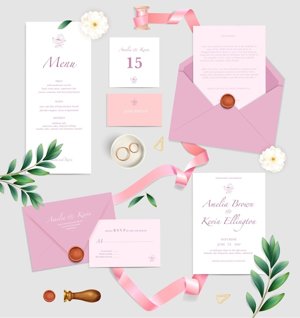 Vettore matrimonio celebrazione annuncio invito posto carte menu anelli buste rosa nastri vista dall'alto insieme realistico