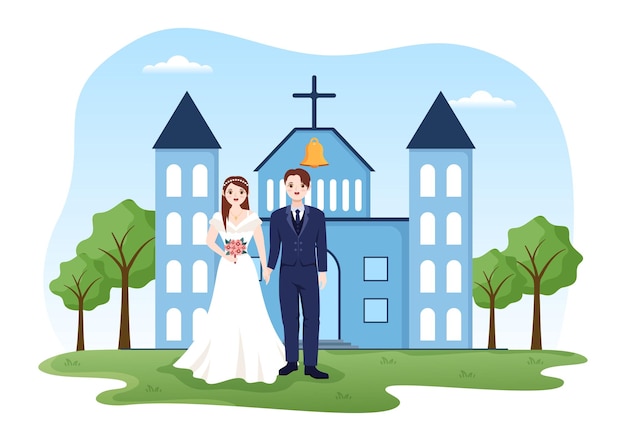 イラストの幸せなカップルと大聖堂カトリック教会の建物での結婚式