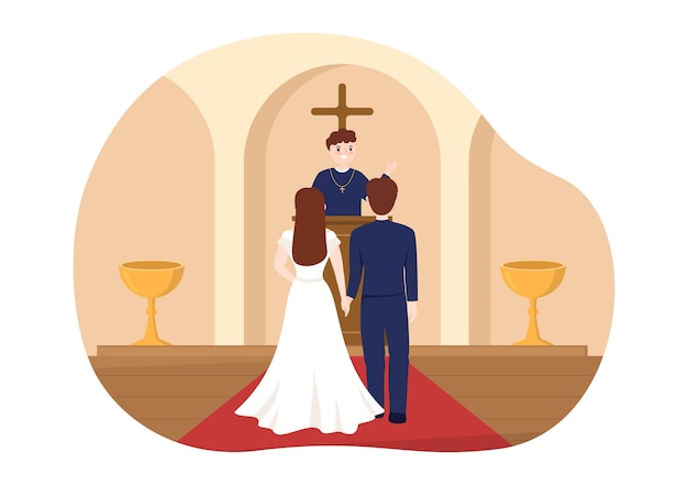 Vector wedding ceremony in the cathedral catholic church building with the happy couple in illustration