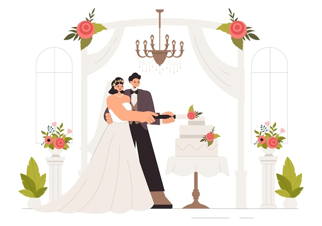 結婚式 祝賀 ベクトルイラスト 花のボールルームで花嫁と新郎をフィーチャーし,平らなスタイルの背景で優雅な装飾をしています.