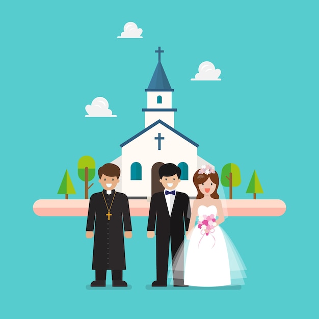 Vector wedding ceremony at church in flat style