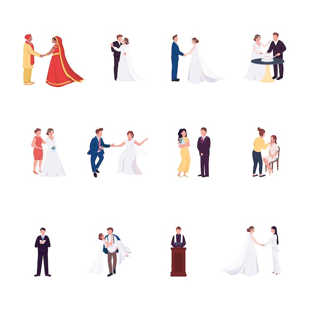 Набор плоских цветных безликих персонажей свадебной церемонии жених и невеста держатся за руки гей-пара празднование брака изолированные иллюстрации шаржа для веб-графического дизайна и коллекции анимации