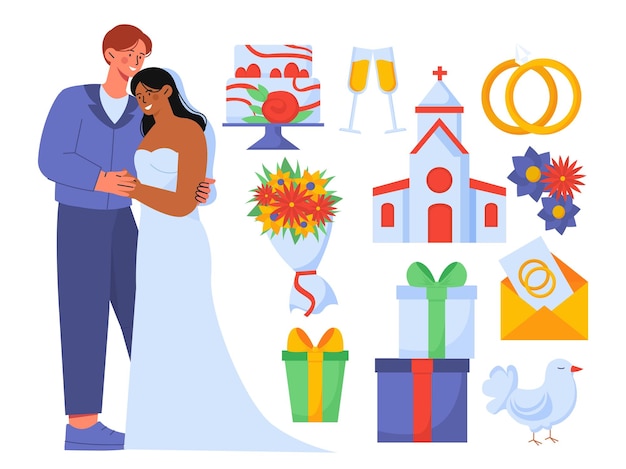 Свадебные предметы устанавливают мужчину и женщину с подарками и подарками для жениха и невесты