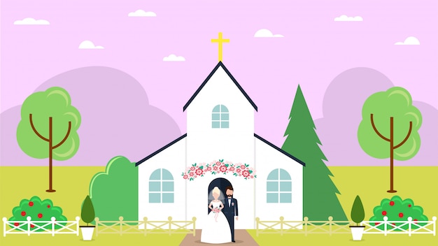 Vector wedding in church, couple bride and groom  illustration. love romantic celebration, man woman character at marriage ceremony