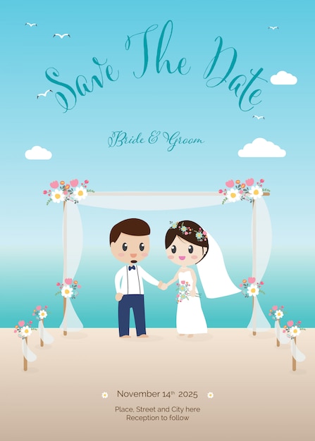 Vector wedding couple on beach invitation card