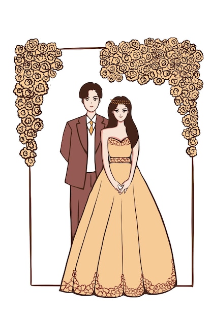 結婚式のカップルの新郎新婦韓国の手描きイラスト