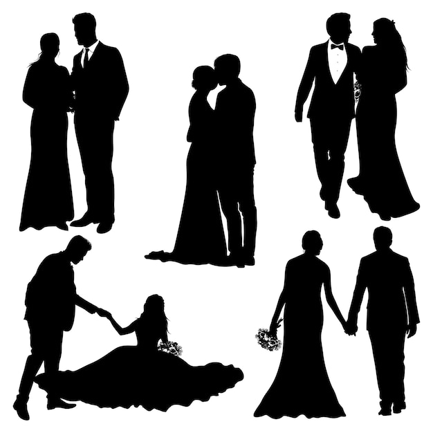 結婚式のカップルや新郎新婦のシルエット ベクトル