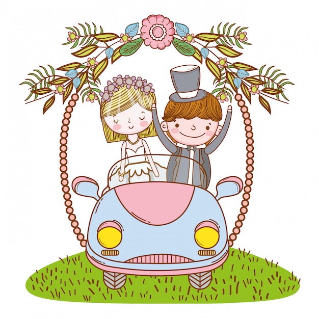 Wedding couple on car cute cartoon