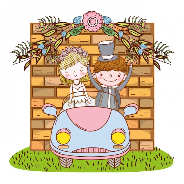 Wedding couple on car cute cartoon