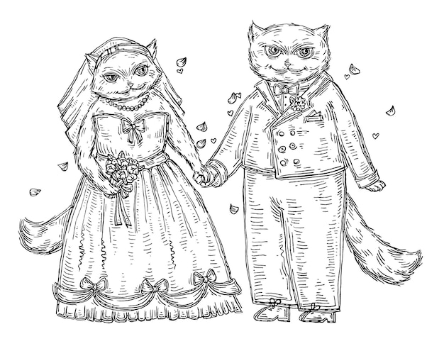 結婚式のカップルの猫。白い背景で隔離のヴィンテージベクトル黒ハッチングイラスト。 Tシャツの手描きのデザイン要素