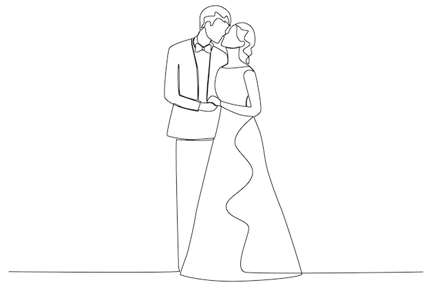 Wedding couple celebrating their wedding by kissing Wedding oneline drawing