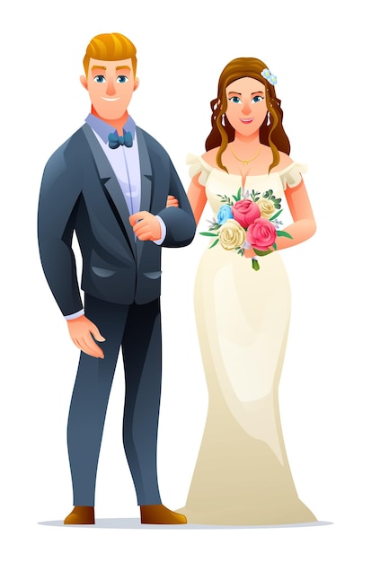 Wedding couple character of man and woman just married with roses bouquet