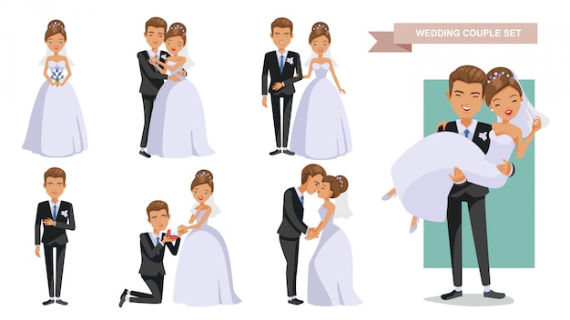 Vector wedding couple characters posture set.   in love. valentine's day.