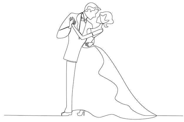 Wedding couple dancing in fancy dress Wedding oneline drawing