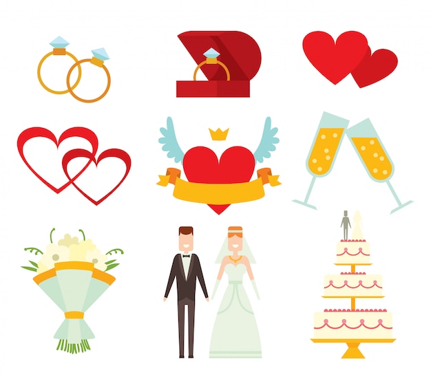 Wedding couple and elements cartoon style vector illustration