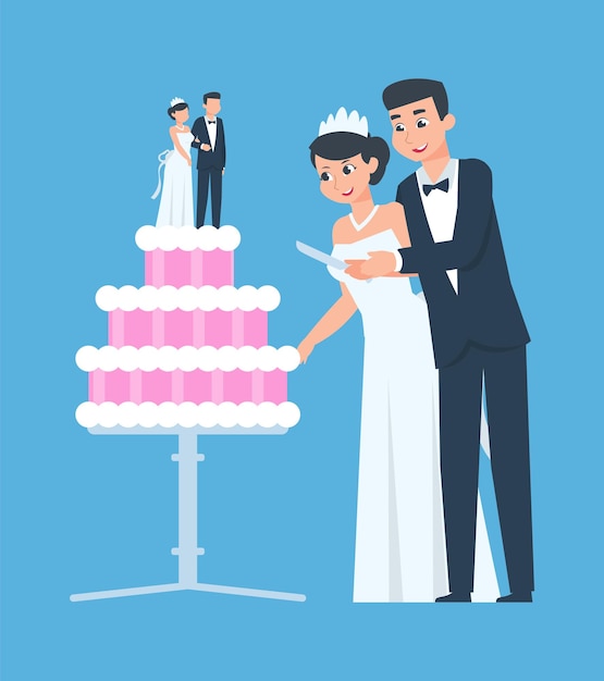 Sposi. sposo e sposa felici con la torta nuziale. la giovane moglie e il marito del fumetto hanno tagliato insieme il dessert tradizionale. invito alla cerimonia, modello di biglietto di auguri. concetto di celebrazione vettoriale