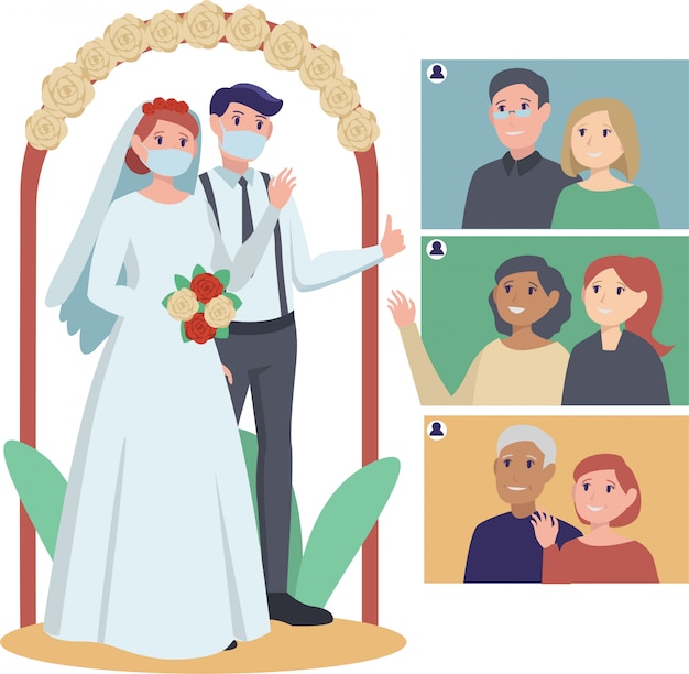 Vector a wedding couple having online wedding ceremony with their relatives