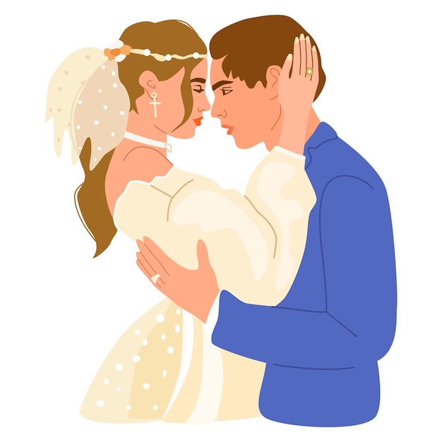 Wedding couple hugging and looking at each other eyes Man and woman in love Bride and groom
